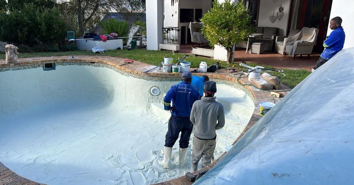 Marbelite pool resurfacing process showing smooth, decorative plaster finish on swimming pool surface in South Africa