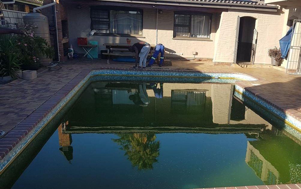 Green algae build-up in a residential swimming pool in Cape Town due to poor water circulation and lack of professional pool maintenance