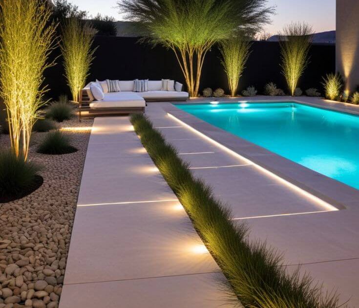Modern swimming pool with LED lighting, stylish copings, and textured paving in Cape Town