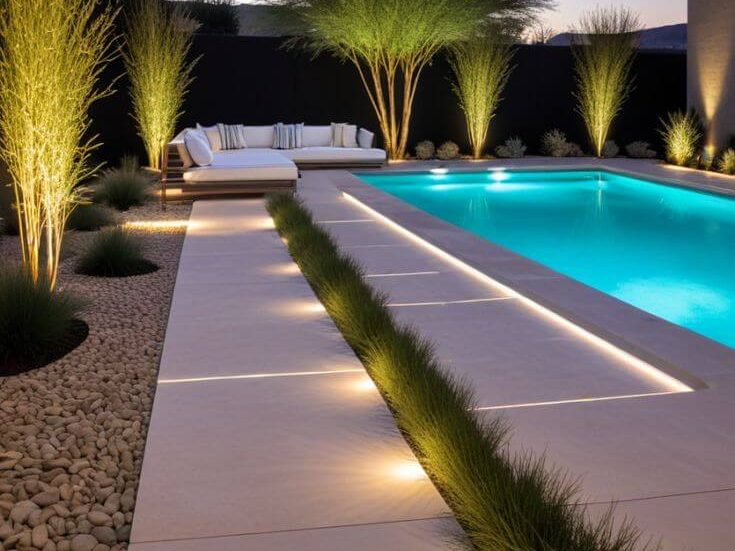 Modern swimming pool with LED lighting, stylish copings, and textured paving in Cape Town