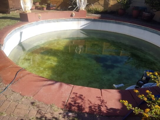 Before and after photo of pool renovation in Strand