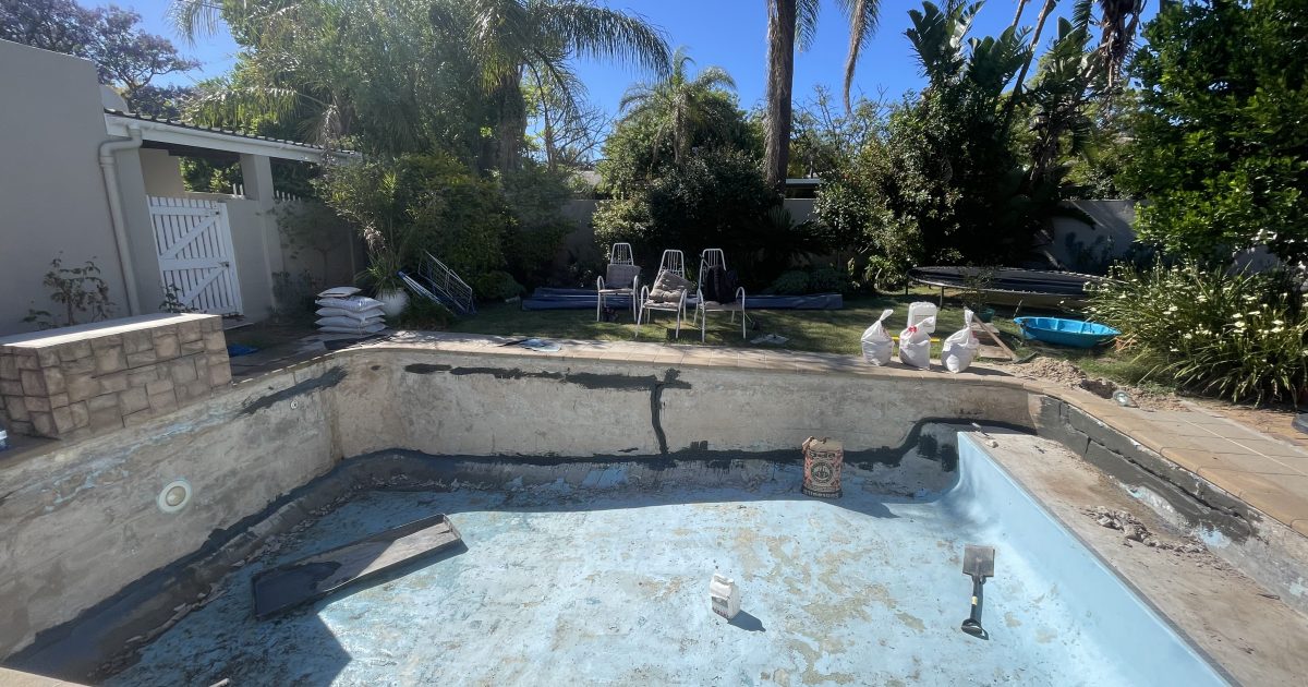 Before-and-after of Wellington pool renovation showing cracked, peeling surface restored to smooth fibreglass finish by Pools Reno