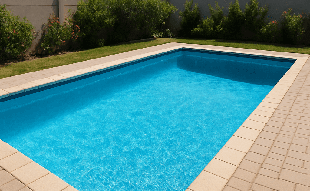 "Standard blue Marbelite swimming pool in Cape Town with clean poolside paving under bright midday sun"