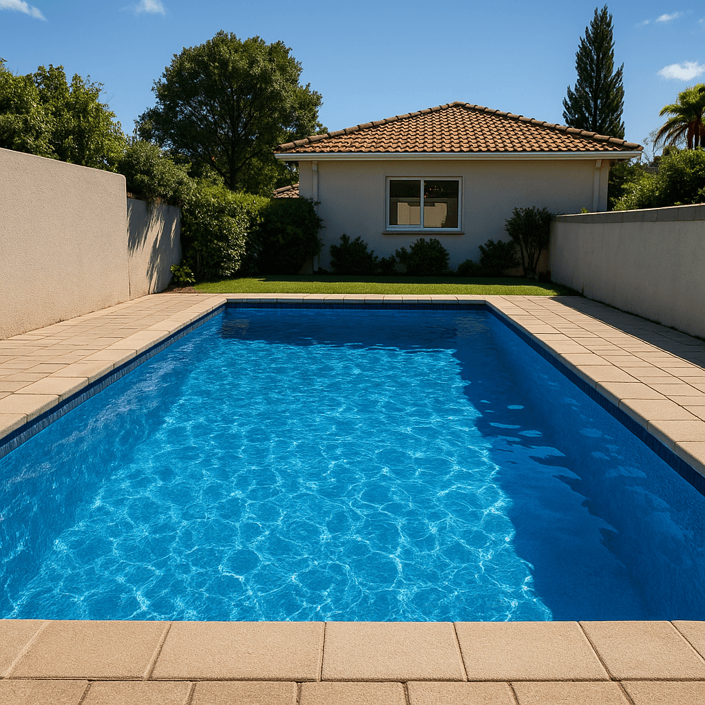 Luxurious Marbelite swimming pool with blue finish and stylish poolside paving in Cape Town residential backyard