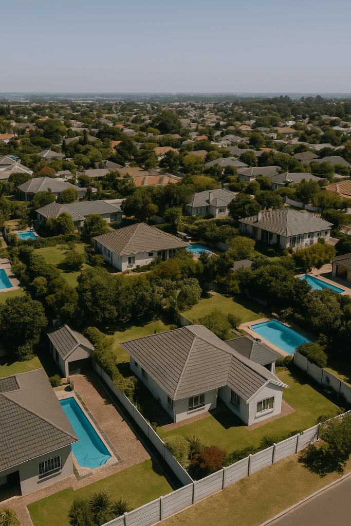 Aerial photo showing a dense concentration of backyard swimming pools in Cape Town residential suburbs, highlighting the popularity of private pools in South Africa.