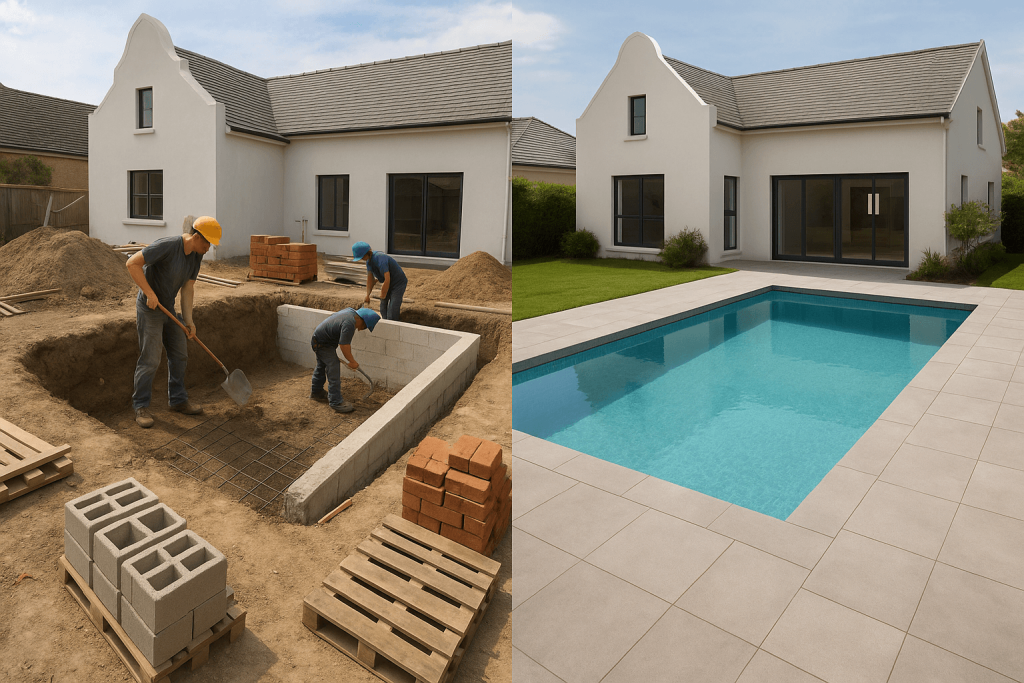 Realistic rendering of a Cape Town-style home showing a half-built swimming pool under construction with workers, building materials, and a completed pool section.
Realistic rendering of a Cape Town-style home showing a half-built swimming pool under construction with workers, building materials, and a completed pool section