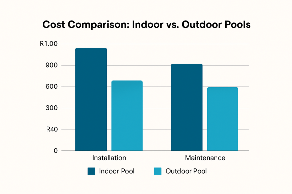 "Bar chart comparing indoor and outdoor swimming pool installation and maintenance costs in Cape Town."
