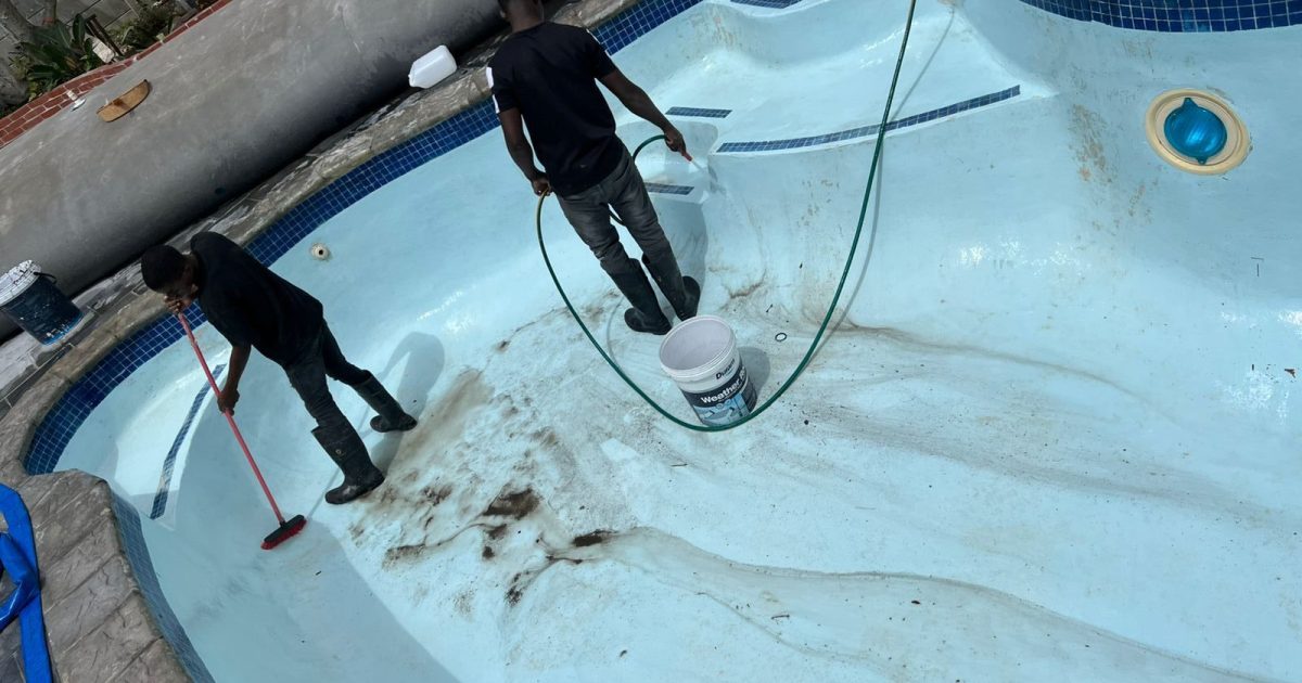 Collage of pool renovation, cleaning, and installation services in Paarl and Wellington