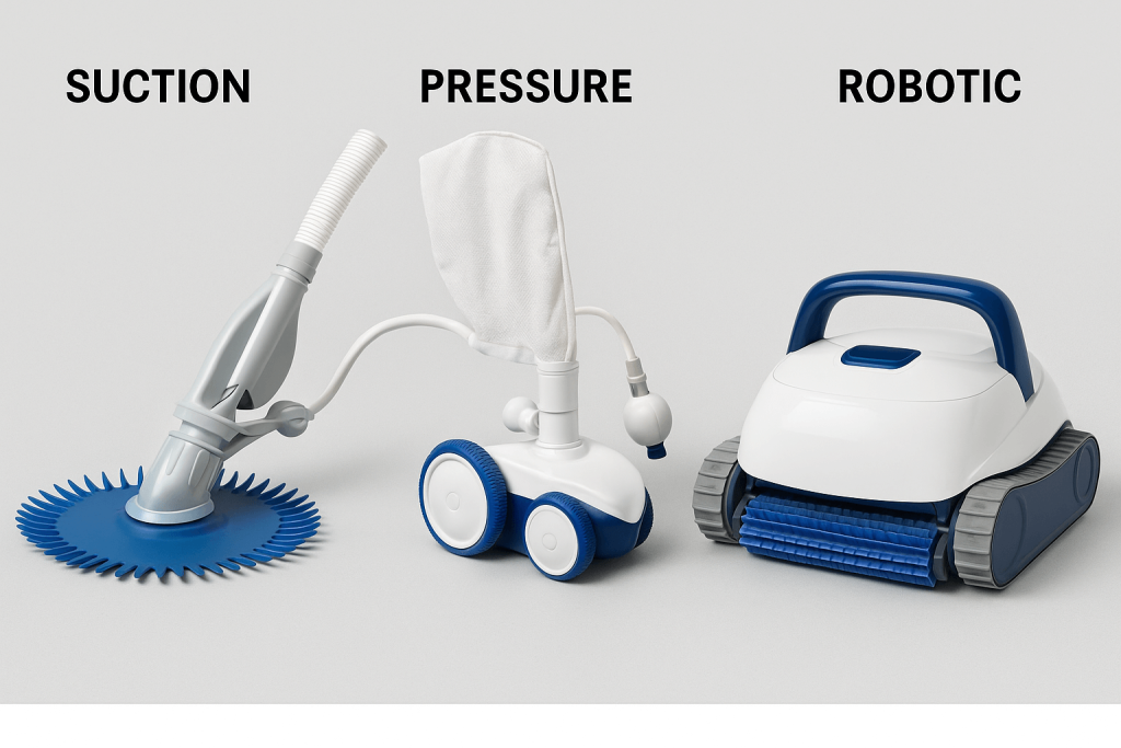 "Side-by-side comparison of robotic, suction, and pressure pool cleaners showing features, pros and cons for each type"