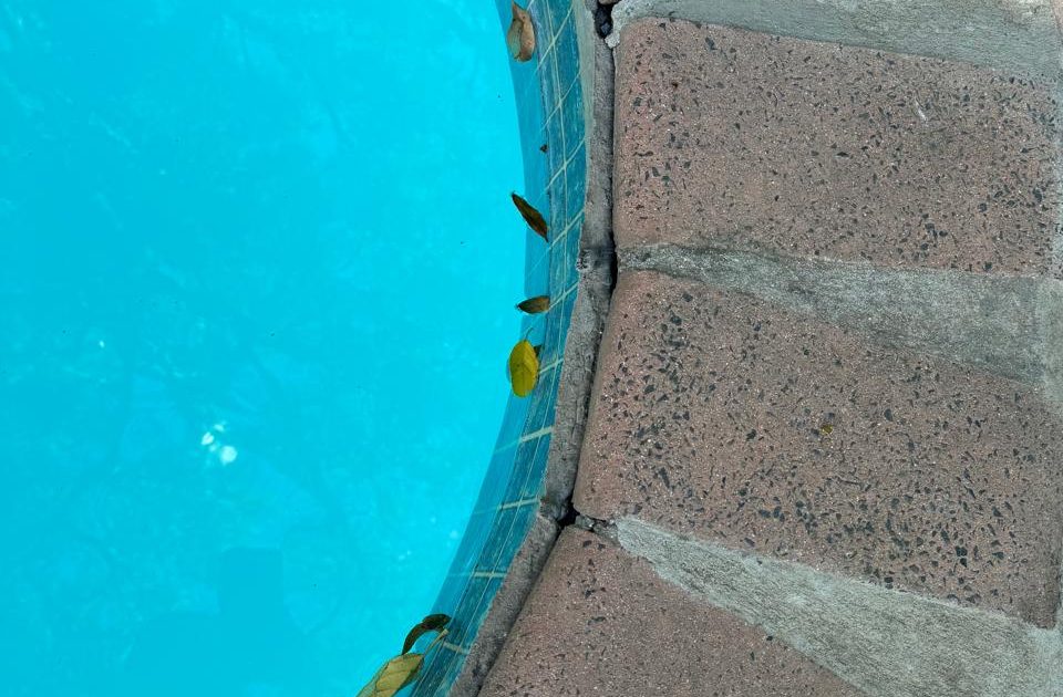 Cracked swimming pool and copings