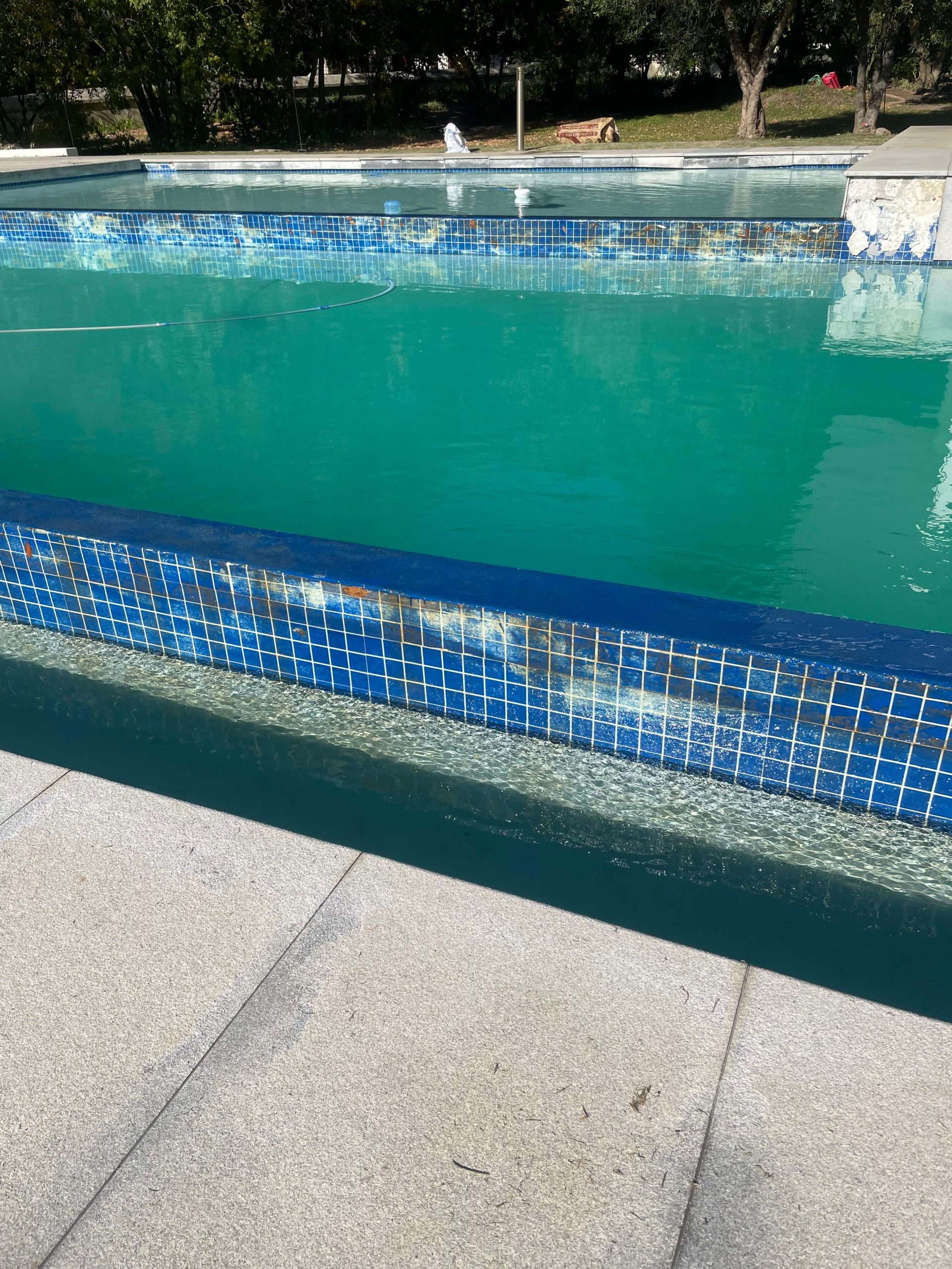 White scale on a Cape Town pool waterline caused by high alkalinity and hard water