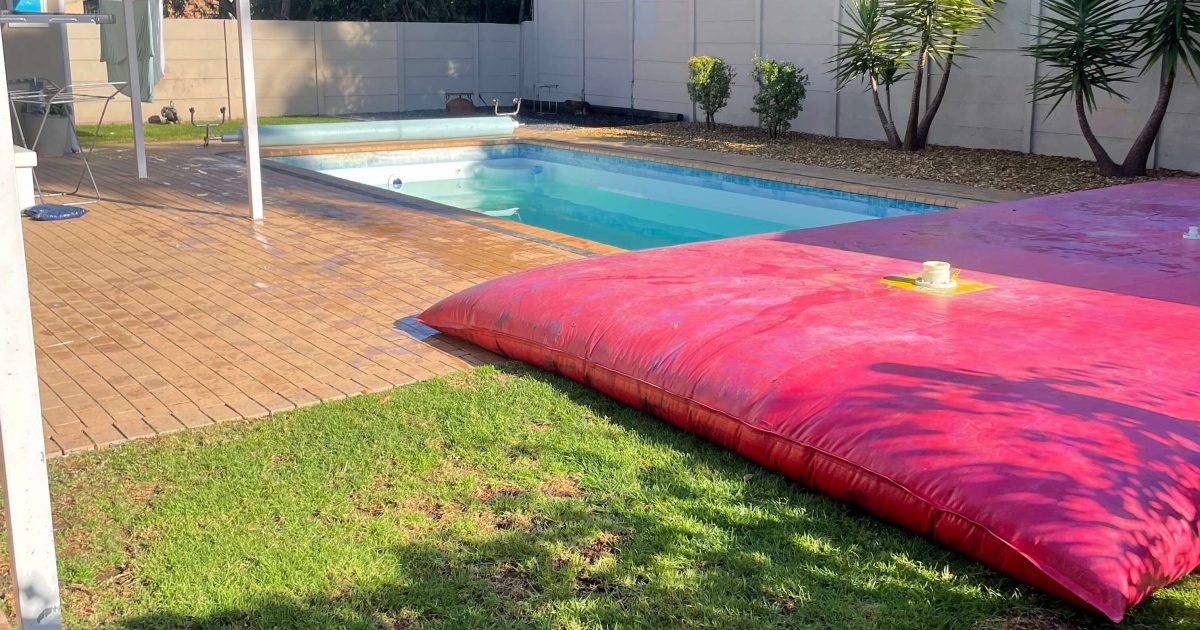 20,000 litre water bladder storing drained swimming pool water during maintenance in Cape Town
