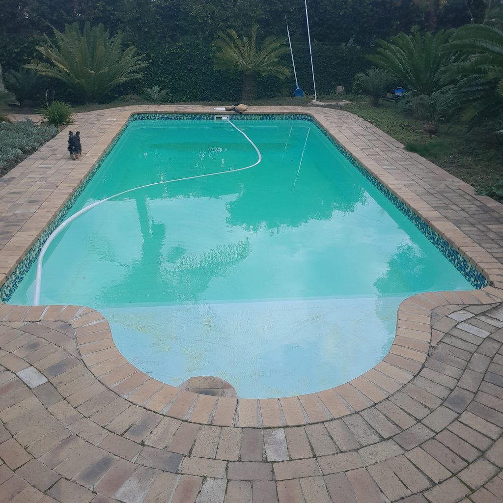 Automatic suction pool cleaner hose snaking across a clear turquoise pool with brick paving