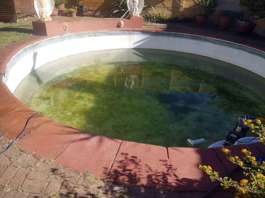 Side-by-side gallery showing a swimming pool before and after fibreglass relining and painting by Pools Reno in Cape Town, highlighting the dramatic transformation from old marbelite to a smooth, modern fibreglass finish.