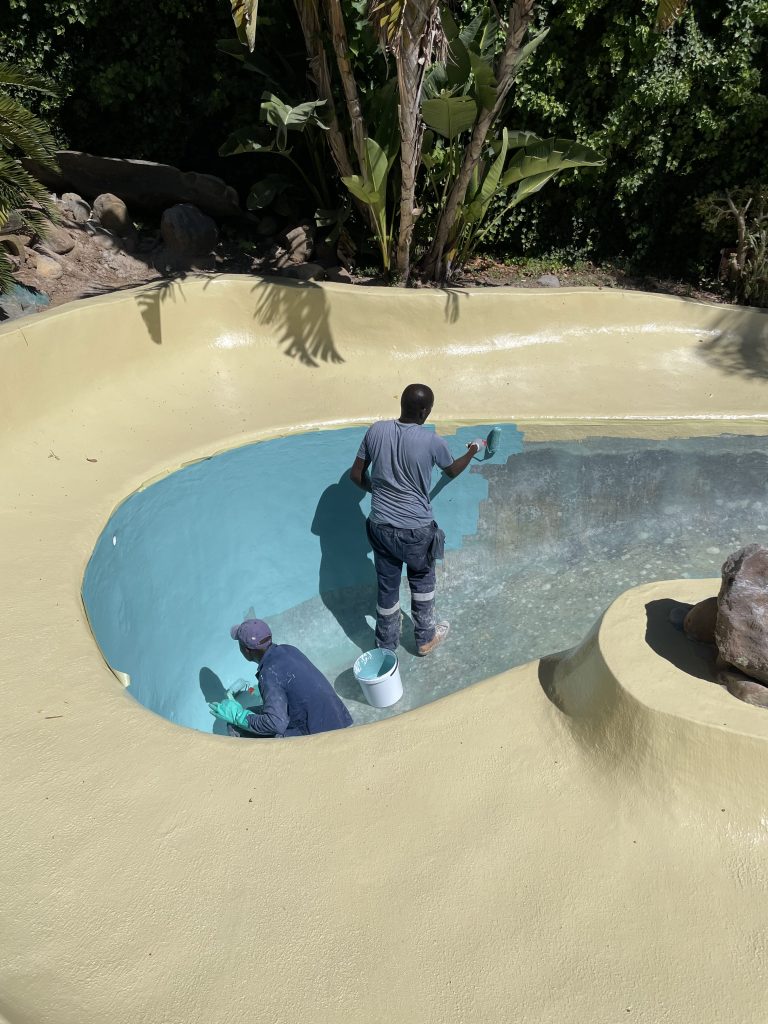 Freshly painted beach entry swimming pool after fibreglass lining by Pools Reno in Cape Town, showcasing a glossy blue finish and professional craftsmanship.