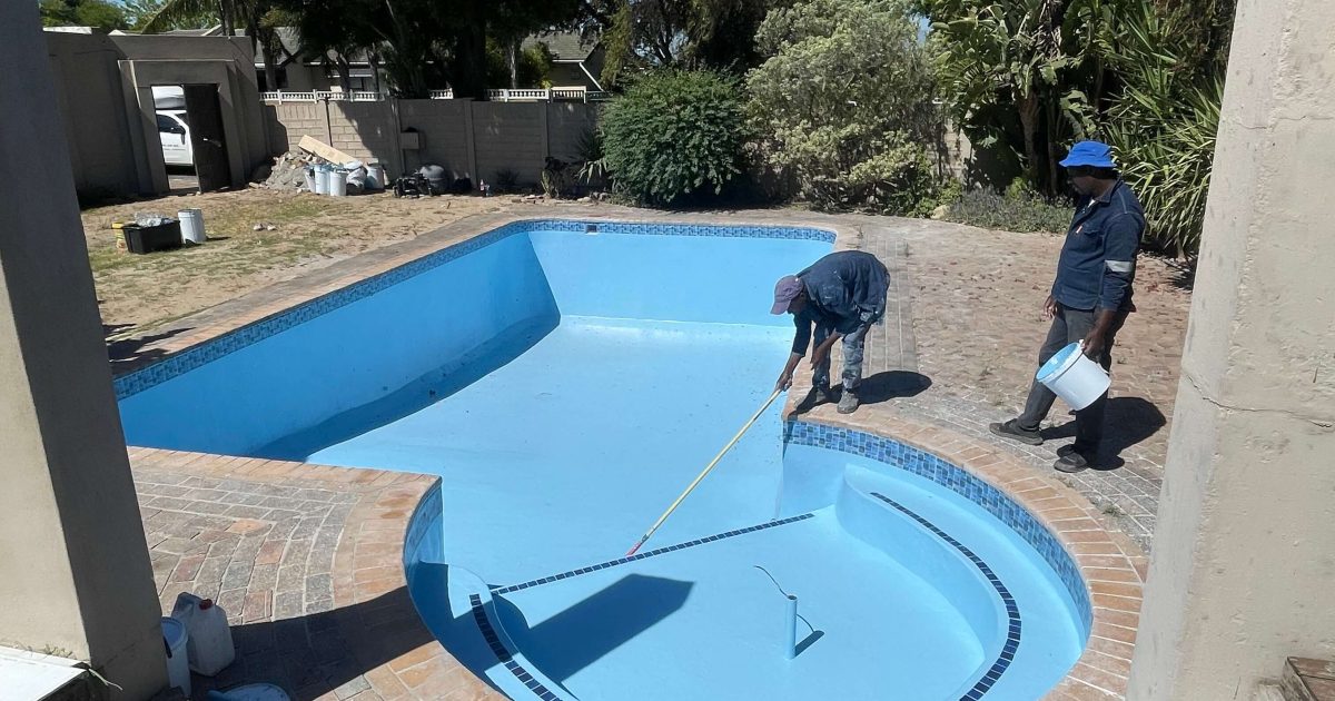 fibreglass lined pool being painted Bellville gelcoat finishing stage