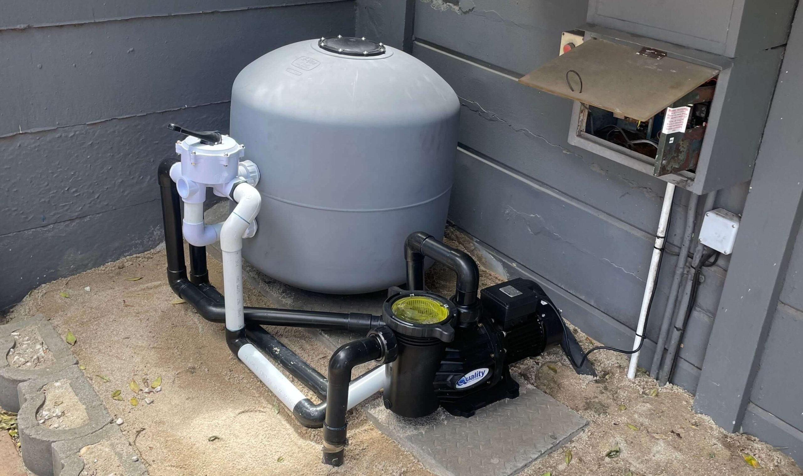 Upgraded swimming pool filtration system with pump and sand filter installed in Cape Town