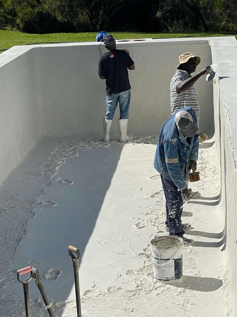 Swimming pool marbelite resurfacing process in Malmesbury showing surface preparation, repairs and professional pool renovation work by Pools Reno Western Cape