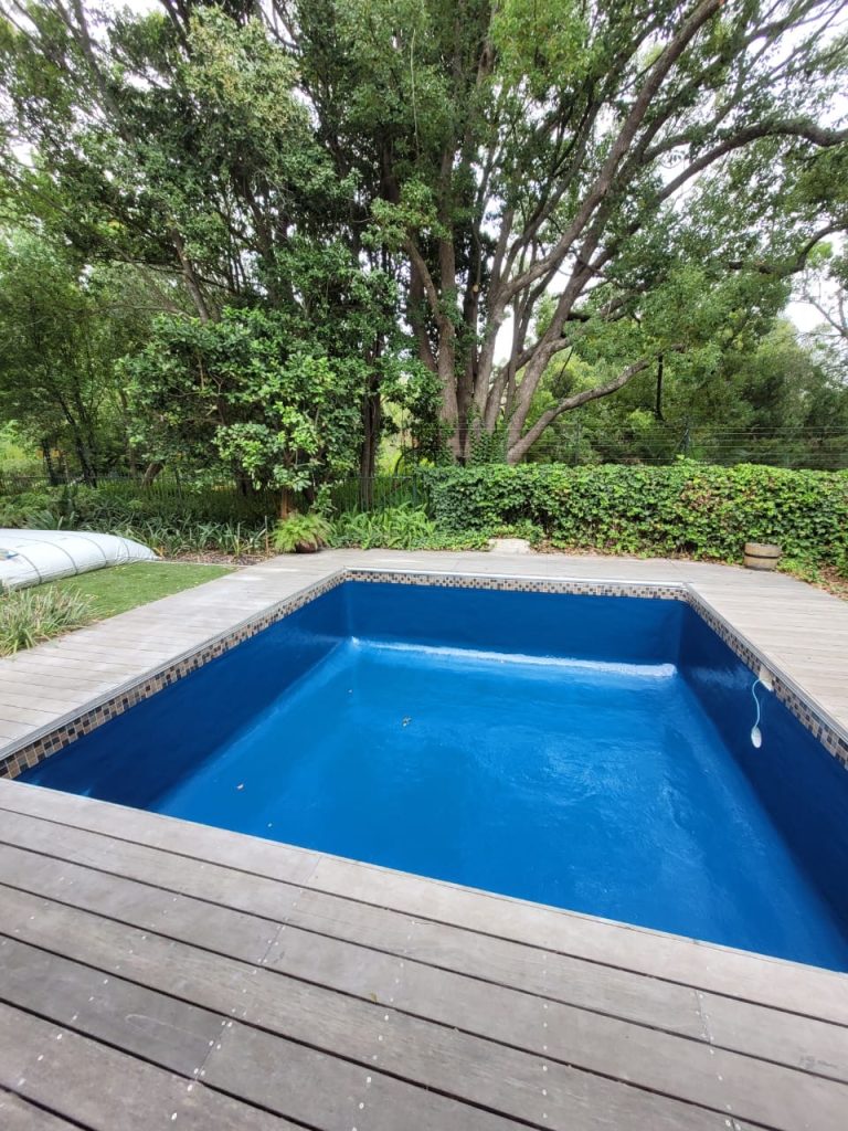 Renovated swimming pool at luxury holiday home in Langebaan with outdoor entertainment area